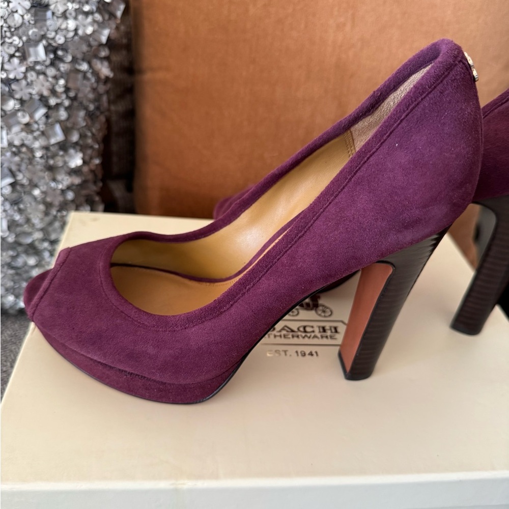 Coach Suede Peep Toe Platform Heels in Color Plum - Picture 7 of 10